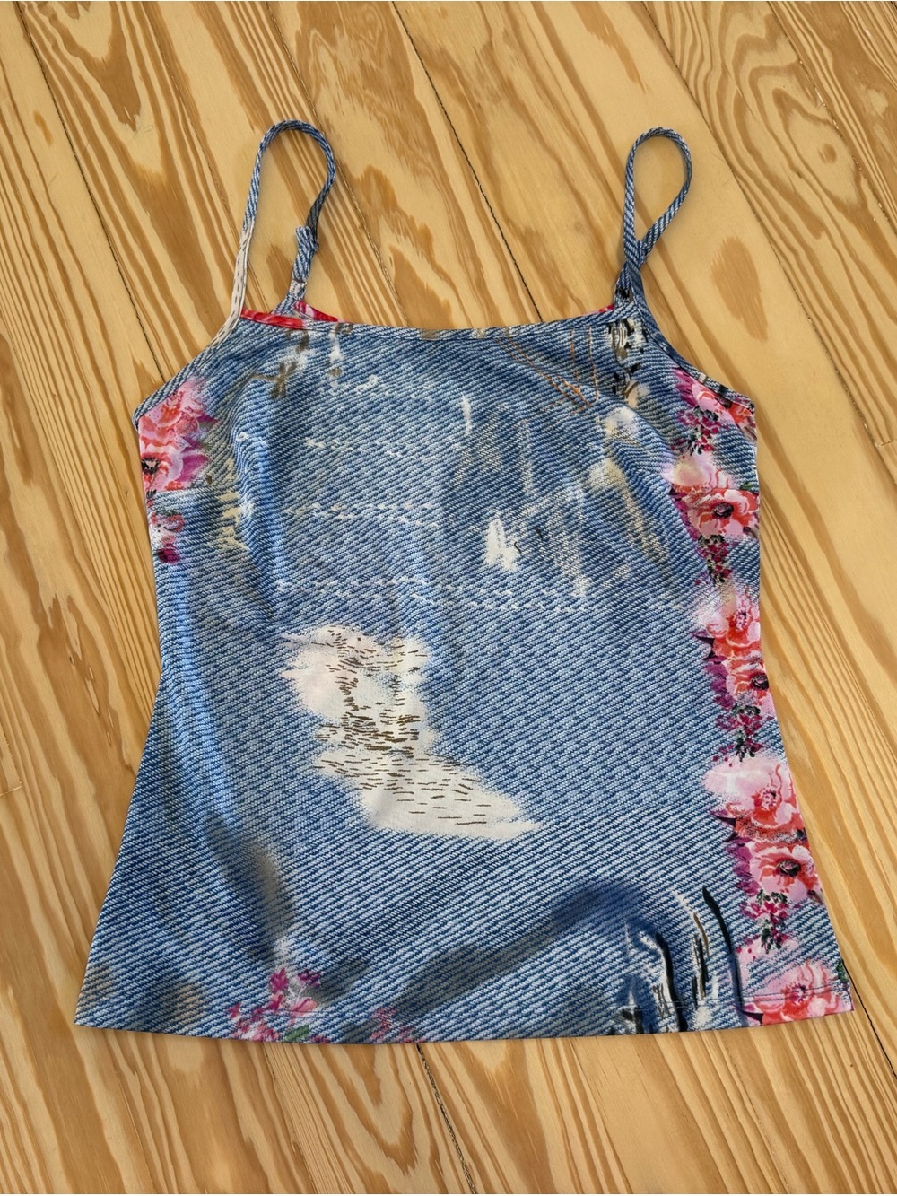 Alberto Makali Blue Denim-Print Spaghetti Strap Camisole with Pink Floral Trim